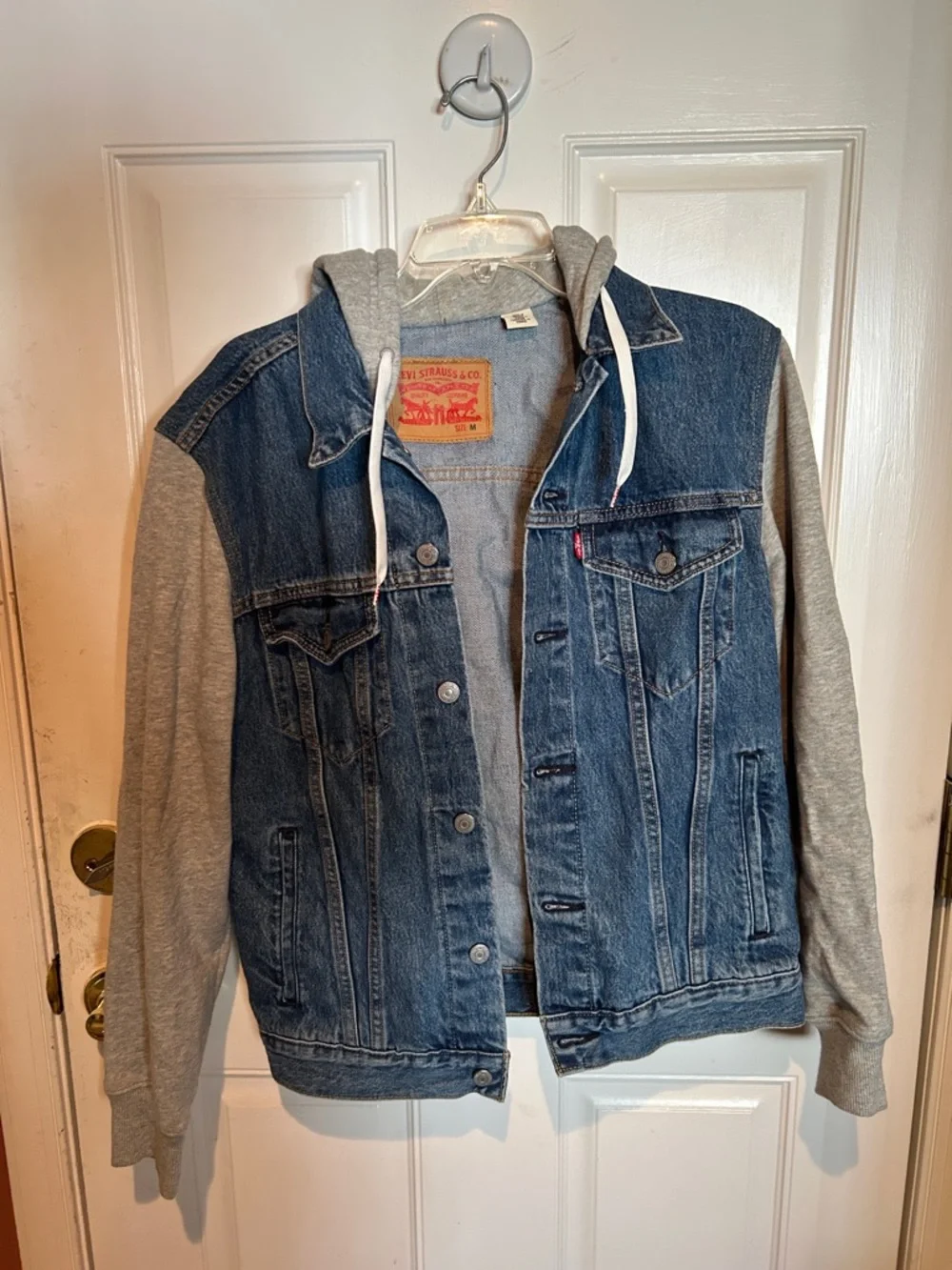 Levi's Blue Denim Jacket with Gray Hoodie Sleeves - Picture 1 of 10